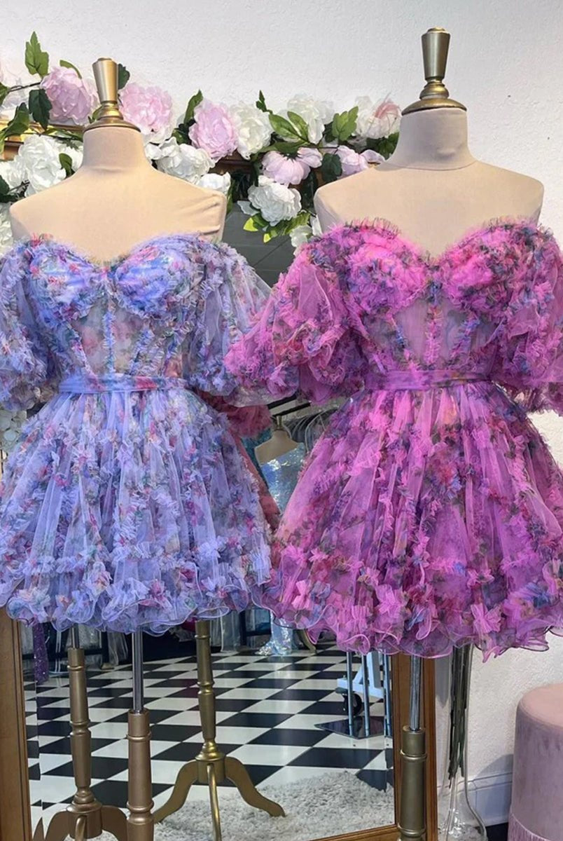 Ivana | Sky Blue A Line Off the Shoulder Printed Homecoming Dress