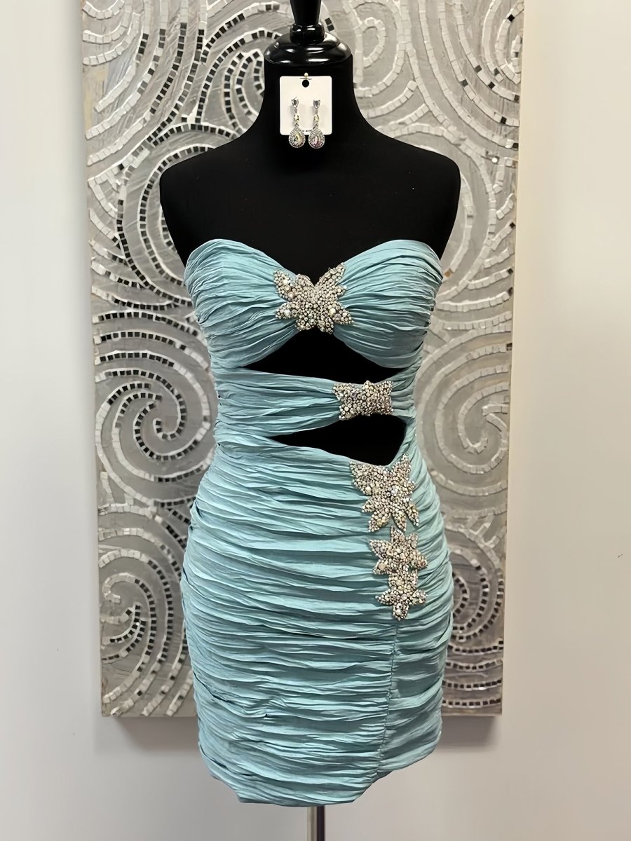Ivara | Sky Blue- Sheath Satin Pleated Sweetheart Cut out Homecoming Dress with Beading