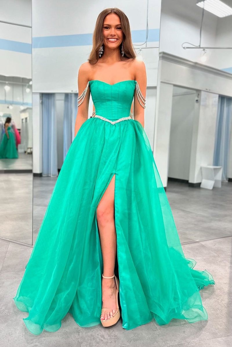 Ivayla | Ball Gown Strapless Green Tulle Beaded Long Prom Dresses with Slit - KissProm