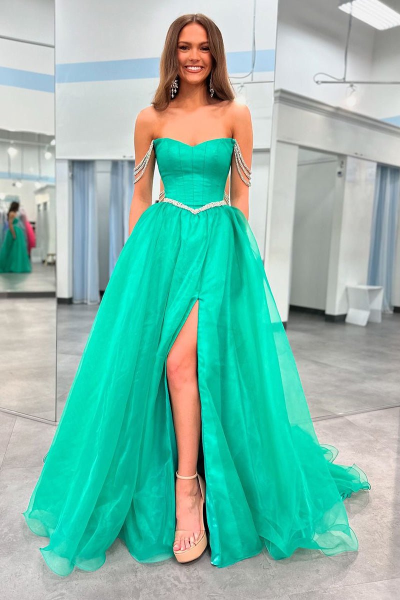 Ivayla | Ball Gown Strapless Green Tulle Beaded Long Prom Dresses with Slit - KissProm