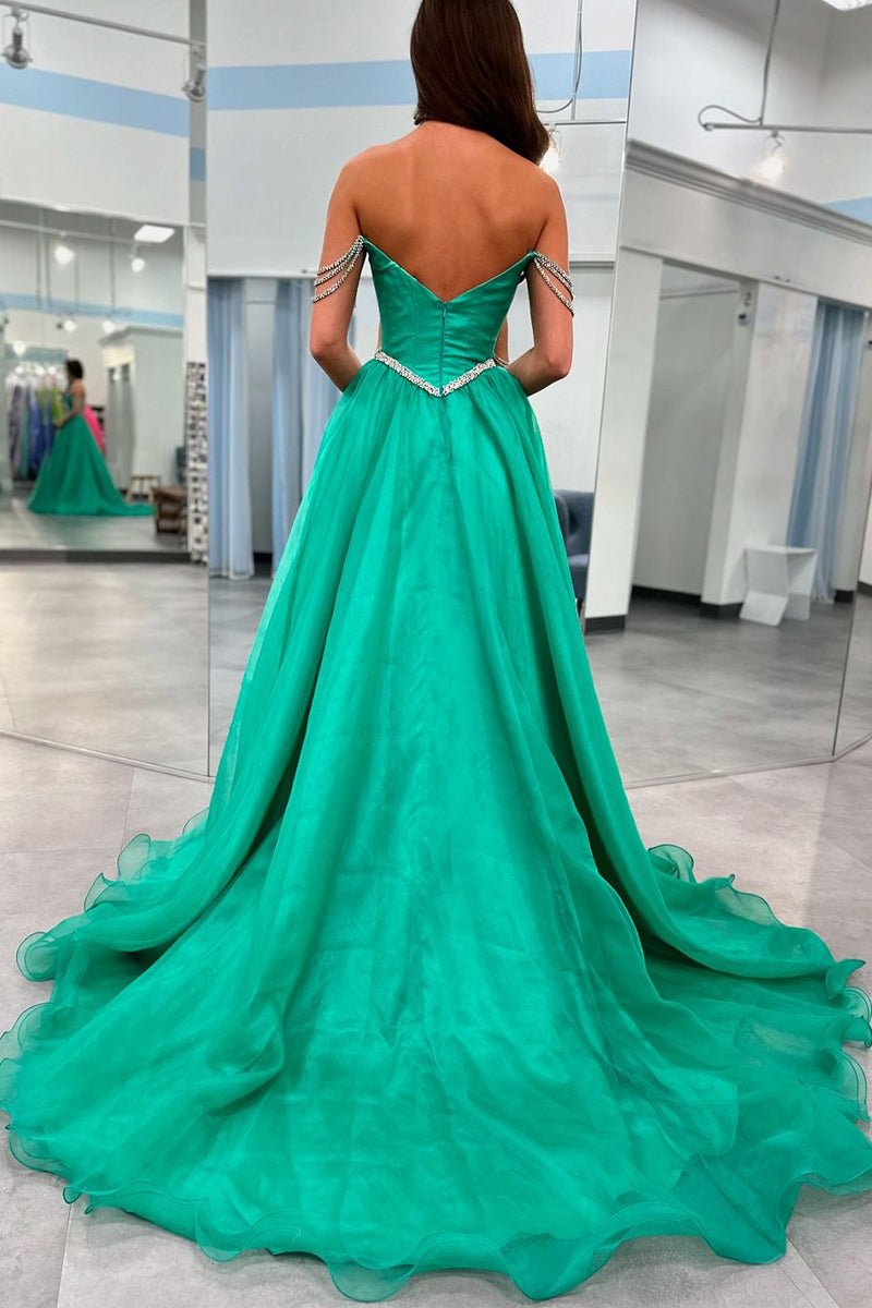 Ivayla | Ball Gown Strapless Green Tulle Beaded Long Prom Dresses with Slit - KissProm