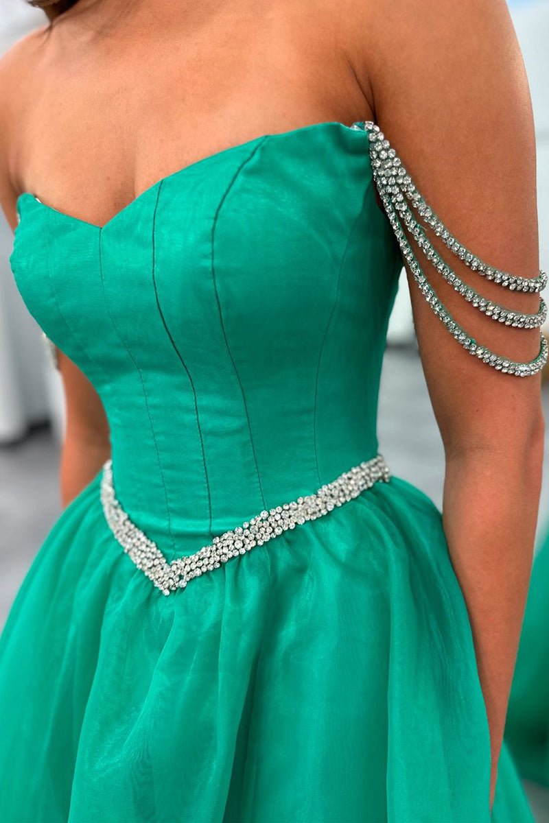 Ivayla | Ball Gown Strapless Green Tulle Beaded Long Prom Dresses with Slit - KissProm