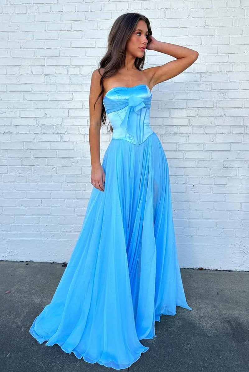 Ivelisse | Blue - A Line Strapless Pleated Chiffon Long Prom Dress with Bow - KissProm