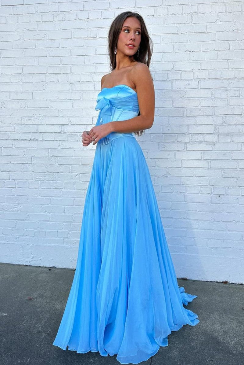 Ivelisse | Blue - A Line Strapless Pleated Chiffon Long Prom Dress with Bow - KissProm