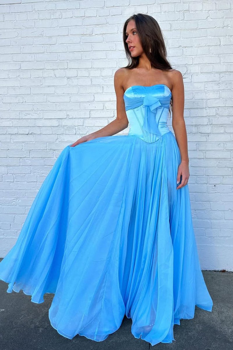 Ivelisse | Blue - A Line Strapless Pleated Chiffon Long Prom Dress with Bow - KissProm