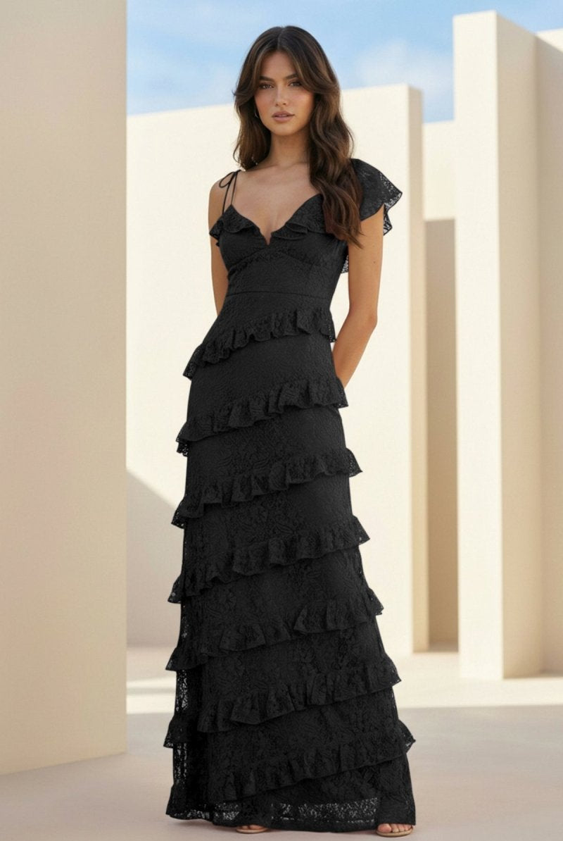 Iverie | Black Sheath V Neck Lace Long Prom Dresses With Ruffles - KissProm