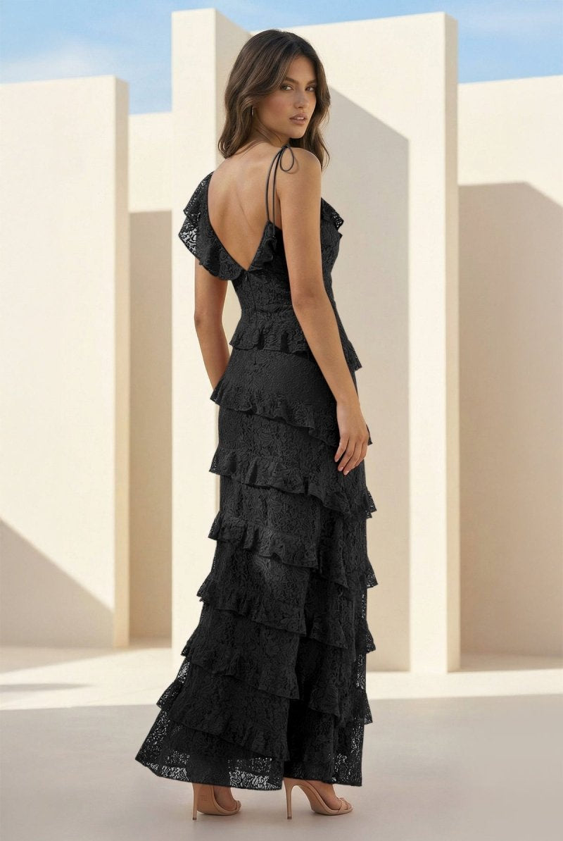 Iverie | Black Sheath V Neck Lace Long Prom Dresses With Ruffles - KissProm