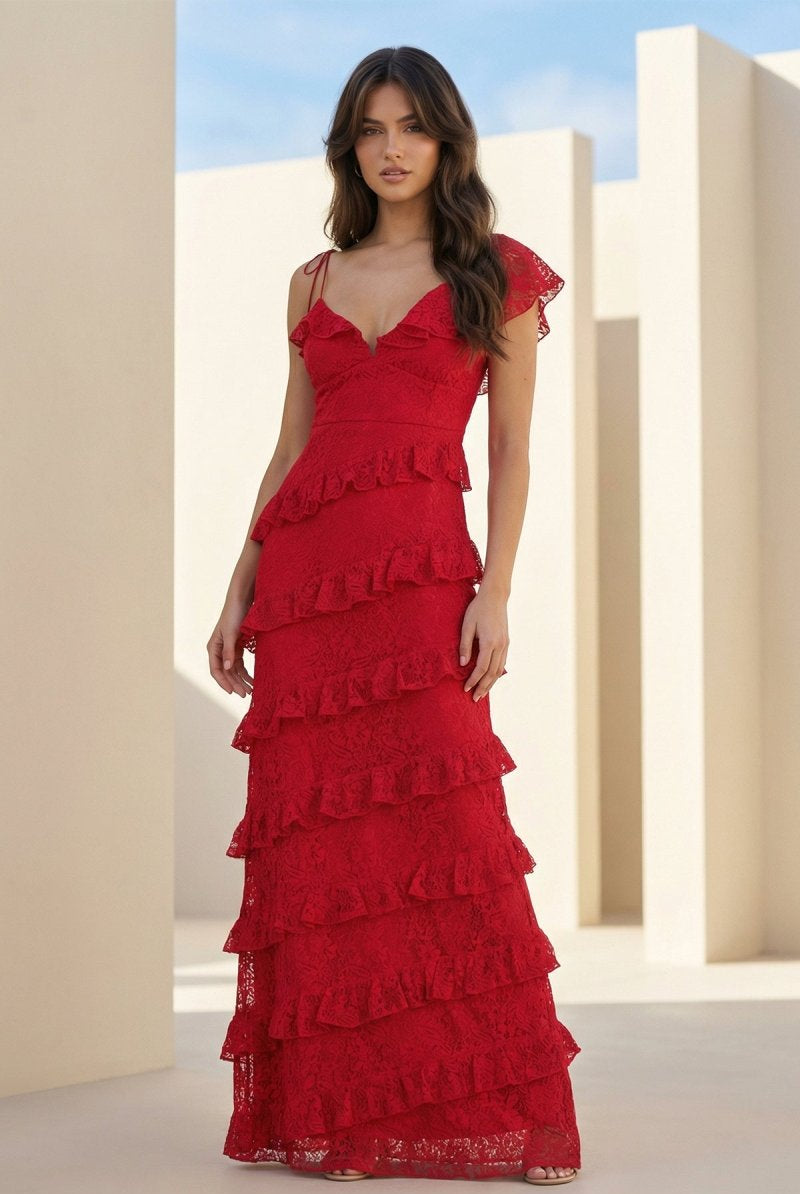 Iverie | Burgundy - Sheath V Neck Lace Long Prom Dresses With Ruffles - KissProm