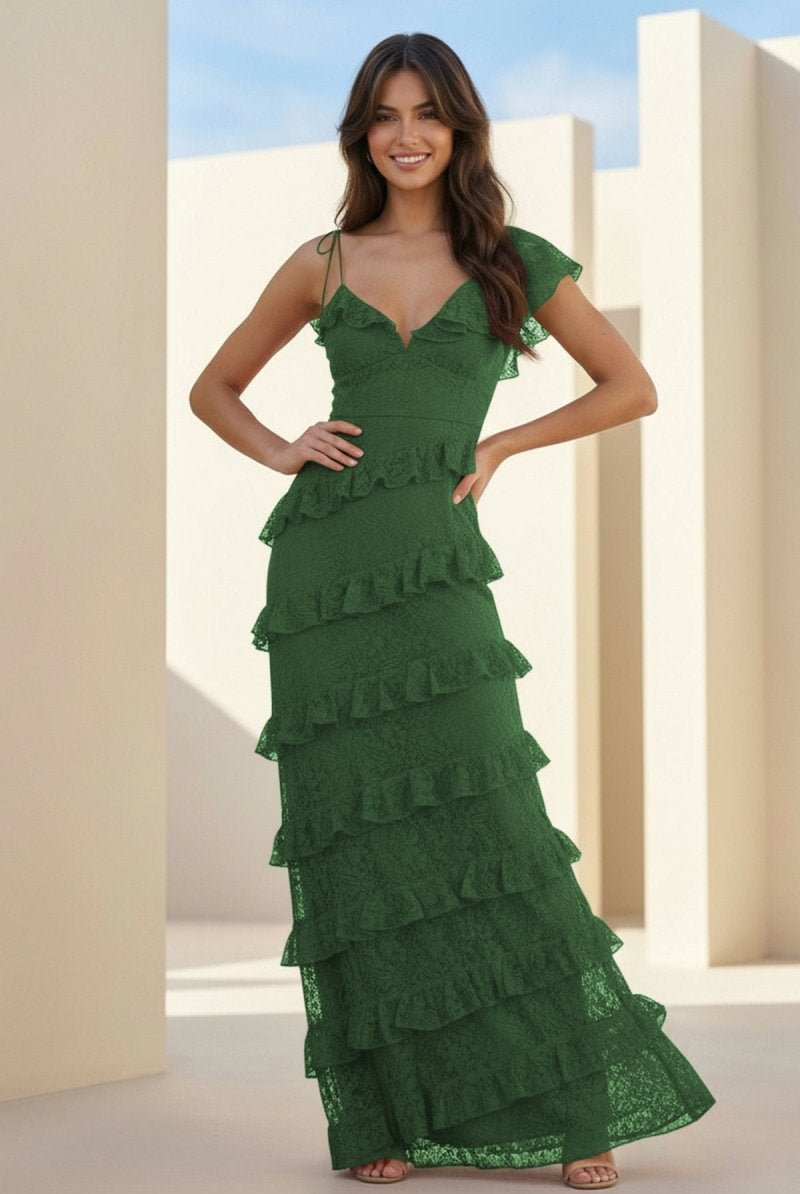 Iverie | Green Sheath V Neck Lace Long Prom Dresses With Ruffles - KissProm