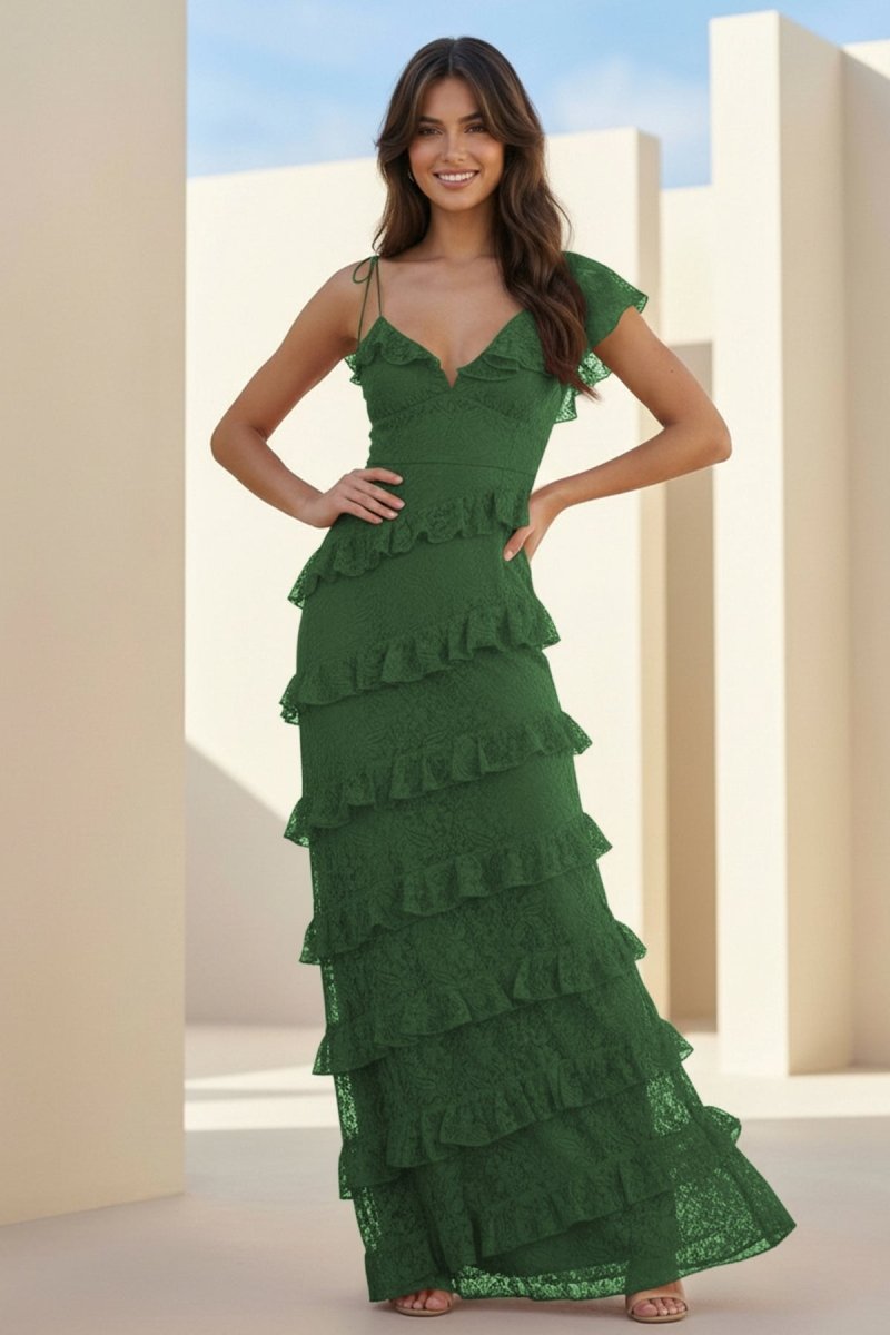 Iverie | Green Sheath V Neck Lace Long Prom Dresses With Ruffles - KissProm