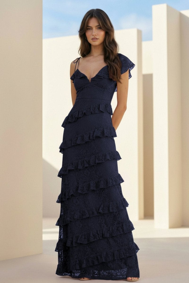 Iverie | Navy Blue Sheath V Neck Lace Long Prom Dresses With Ruffles - KissProm