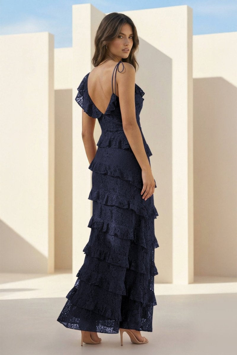 Iverie | Navy Blue Sheath V Neck Lace Long Prom Dresses With Ruffles - KissProm