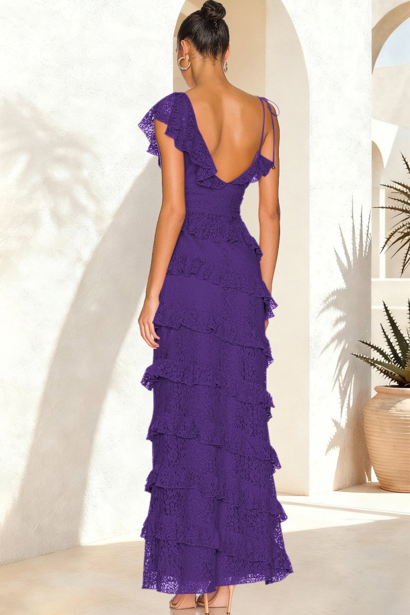 Iverie | Purple Sheath V Neck Lace Long Prom Dresses With Ruffles - KissProm