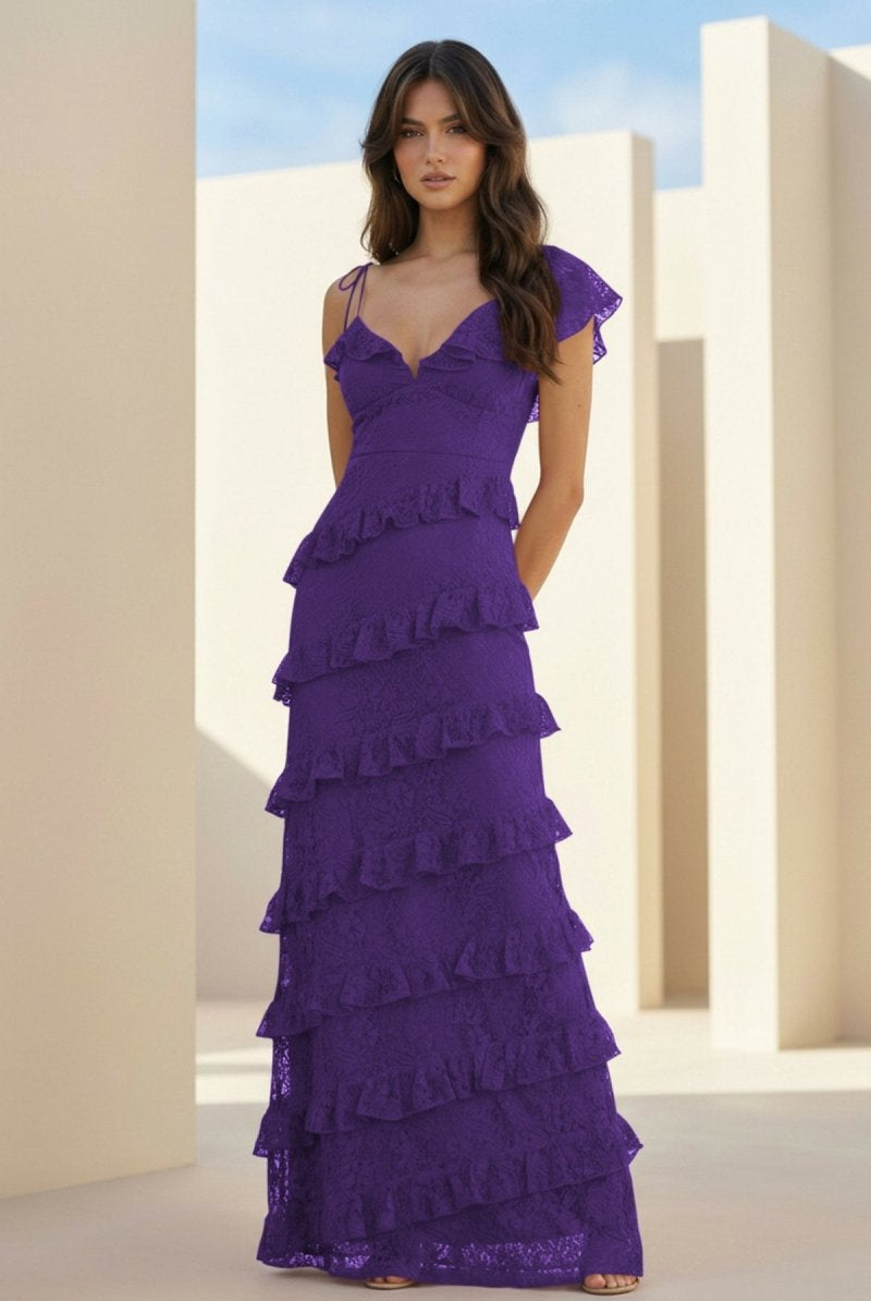 Iverie | Purple Sheath V Neck Lace Long Prom Dresses With Ruffles - KissProm