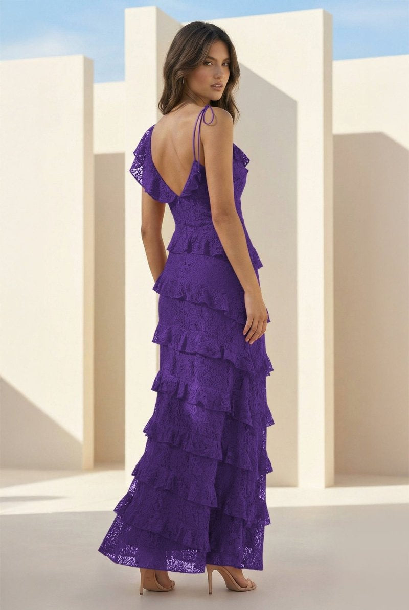 Iverie | Purple Sheath V Neck Lace Long Prom Dresses With Ruffles - KissProm
