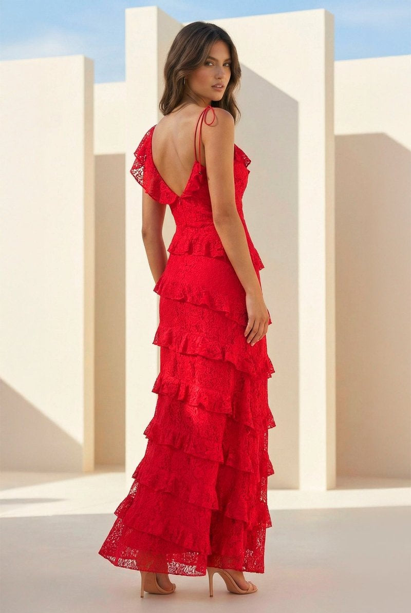 Iverie | Red - Sheath V Neck Lace Long Prom Dresses With Ruffles - KissProm