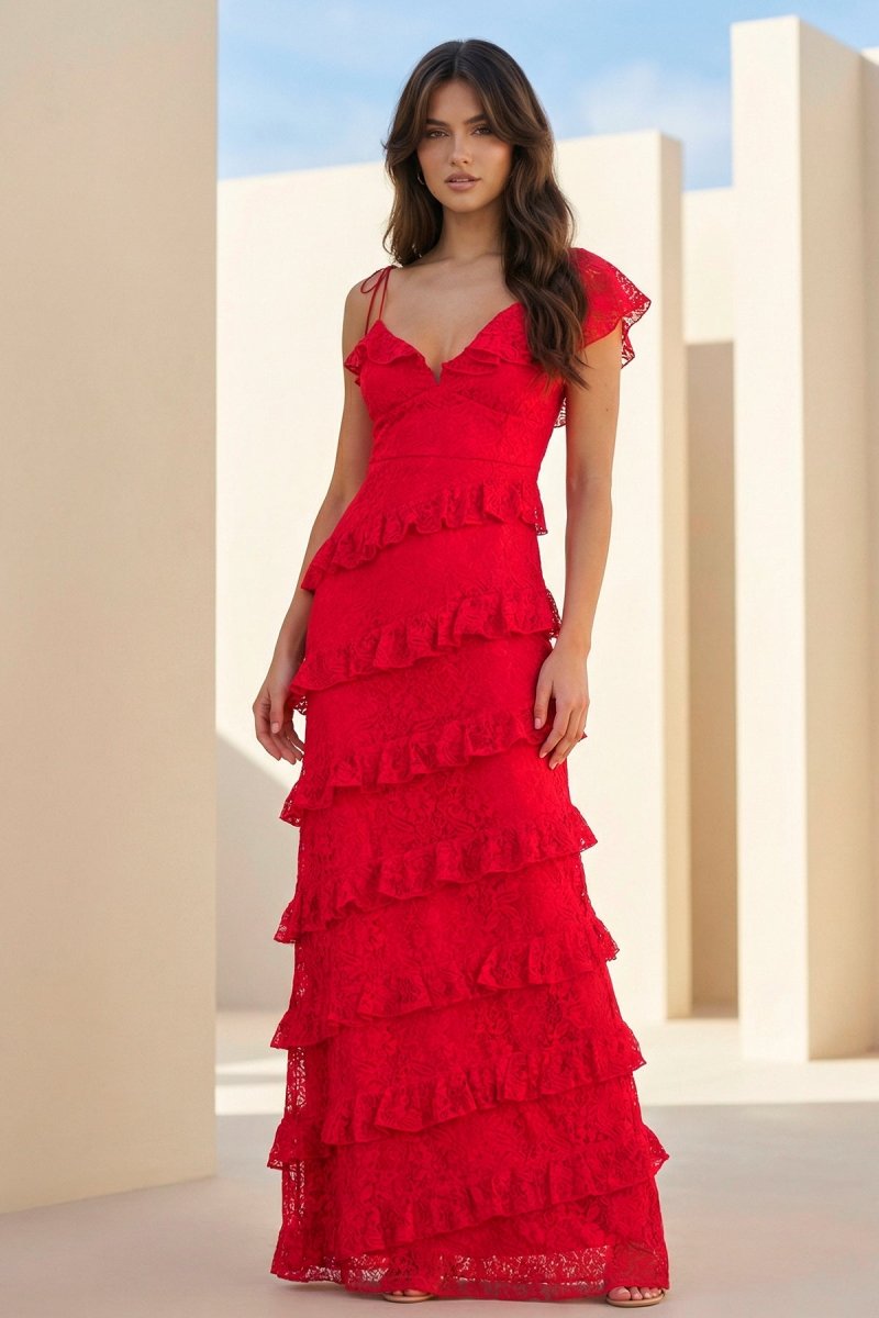 Iverie | Red - Sheath V Neck Lace Long Prom Dresses With Ruffles - KissProm