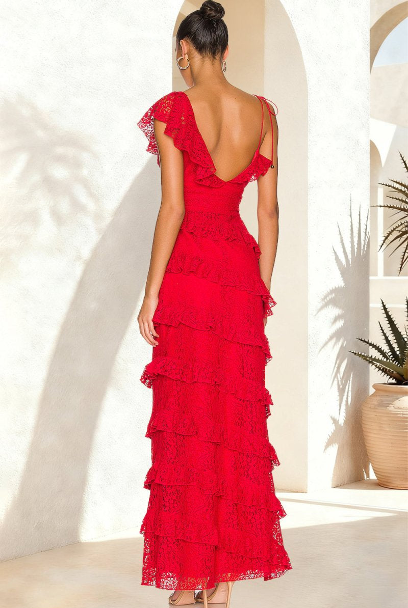 Iverie | Red - Sheath V Neck Lace Long Prom Dresses With Ruffles - KissProm