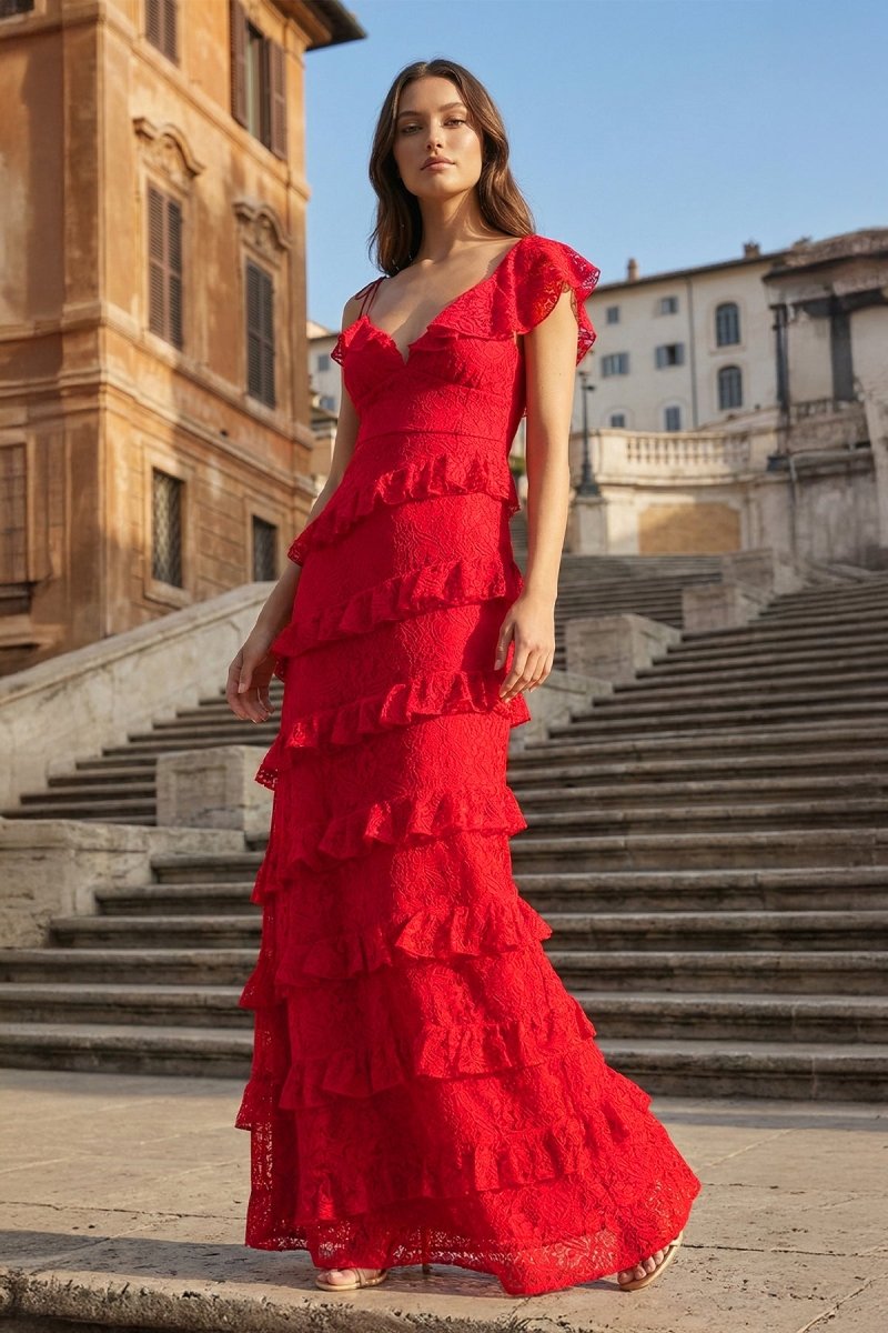 strapless open back dress Red Sheath V Neck Lace Long Prom Dresses with Ruffles Red / 16