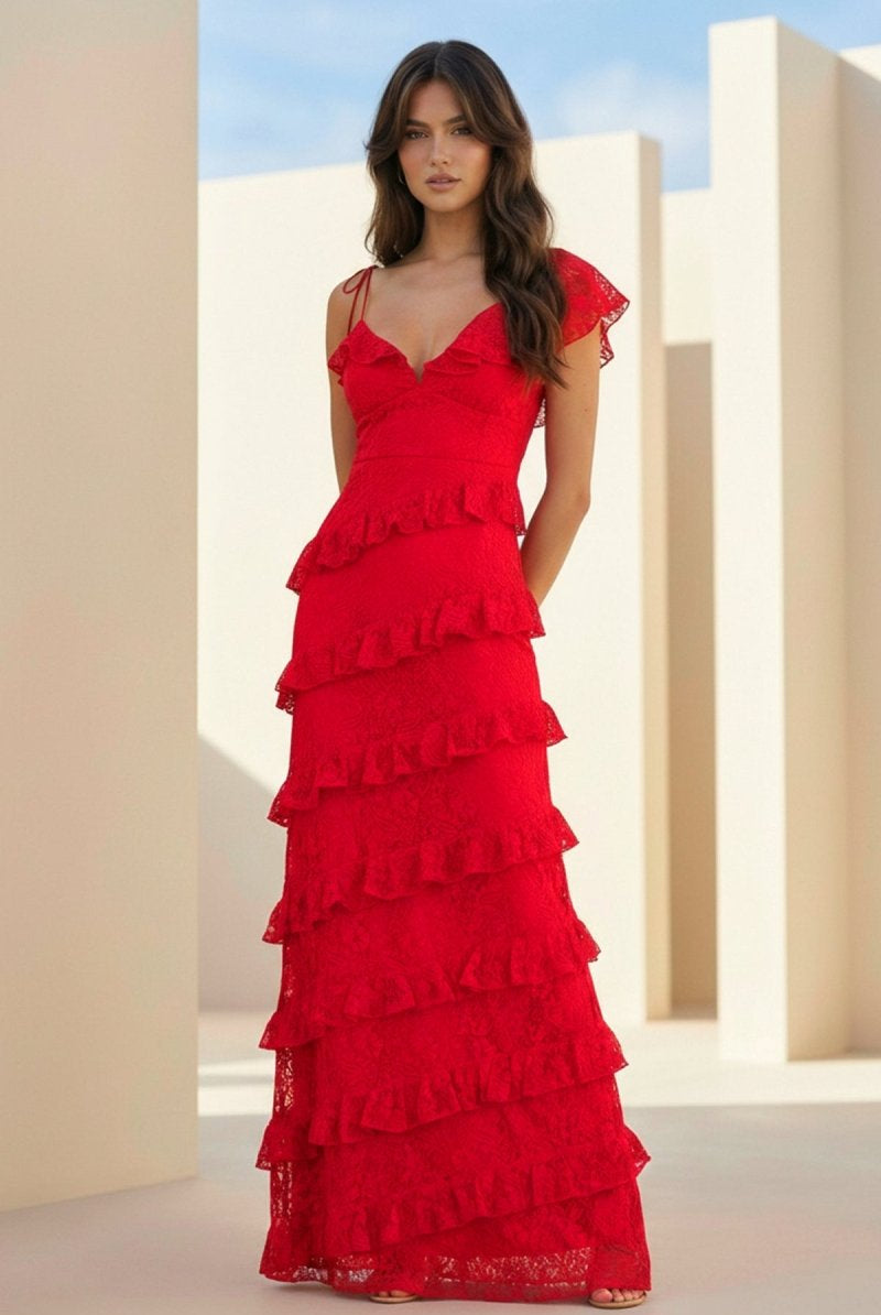 Iverie | Red - Sheath V Neck Lace Long Prom Dresses With Ruffles - KissProm