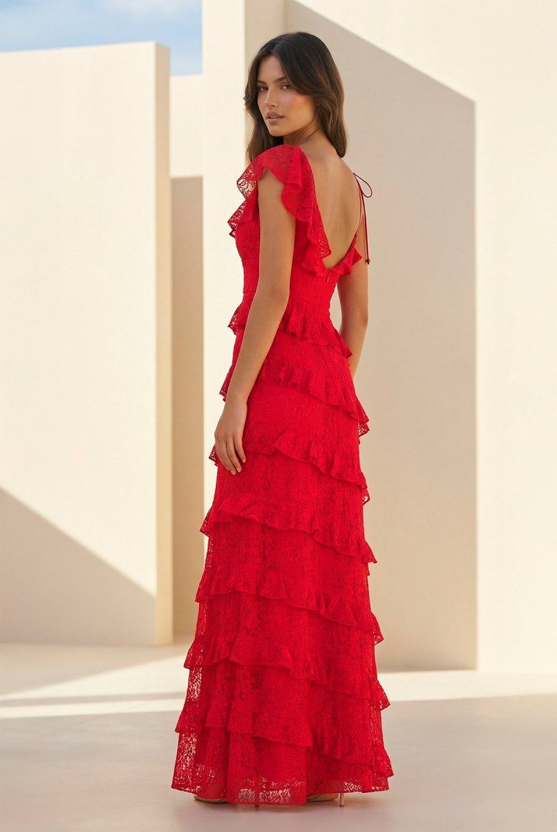 Iverie | Red - Sheath V Neck Lace Long Prom Dresses With Ruffles - KissProm