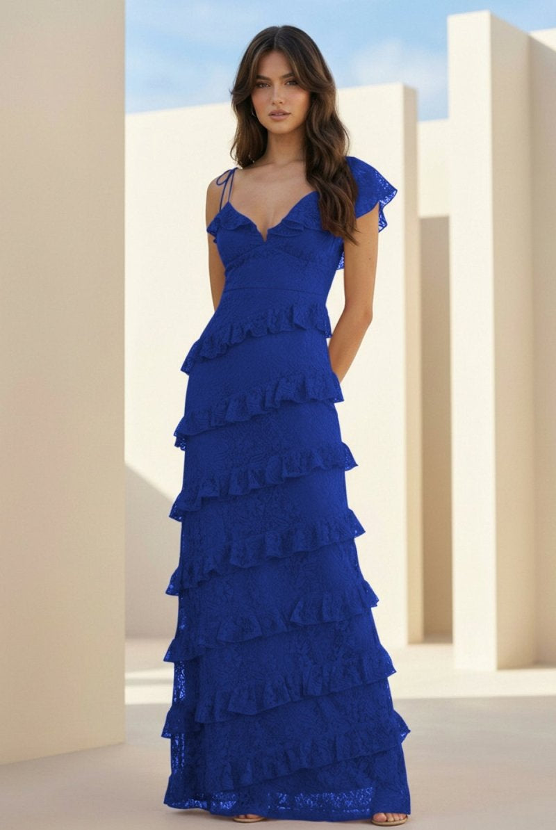 Iverie | Royal Blue Sheath V Neck Lace Long Prom Dresses With Ruffles - KissProm