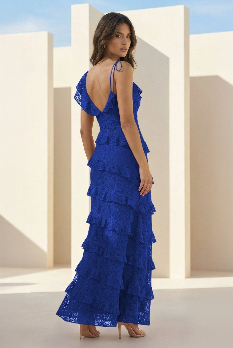 Iverie | Royal Blue Sheath V Neck Lace Long Prom Dresses With Ruffles - KissProm