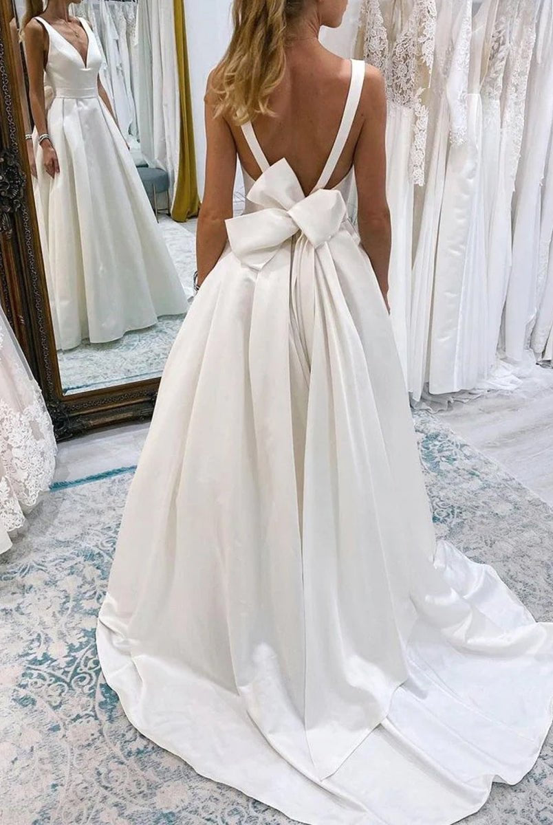 Samira | Ivory A - Line Deep V - Neck Long Wedding Dress with Bowknot - KissProm