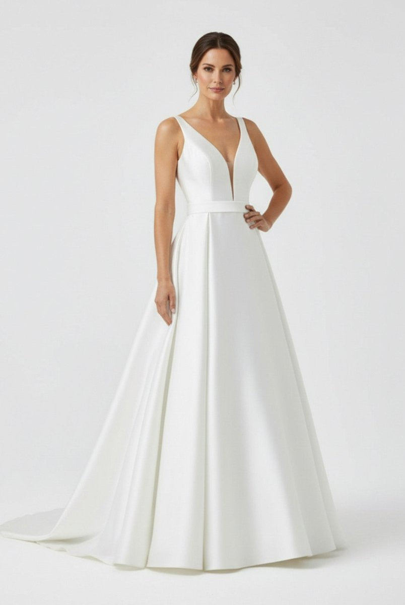 Samira | Ivory A - Line Deep V - Neck Long Wedding Dress with Bowknot - KissProm