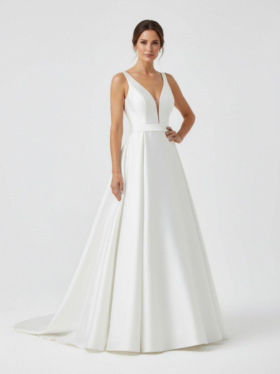 Samira | Ivory A - Line Deep V - Neck Long Wedding Dress with Bowknot - KissProm