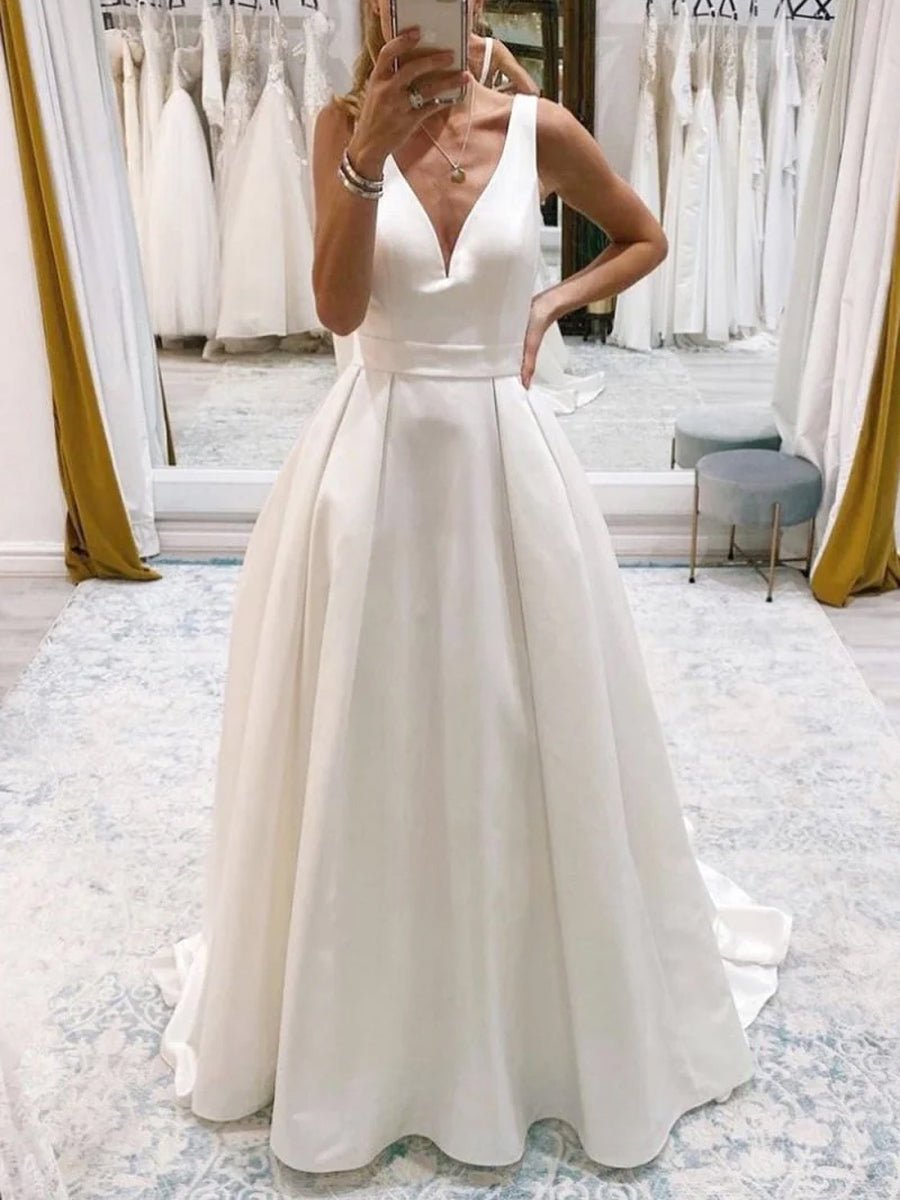 Samira | Ivory A - Line Deep V - Neck Long Wedding Dress with Bowknot - KissProm