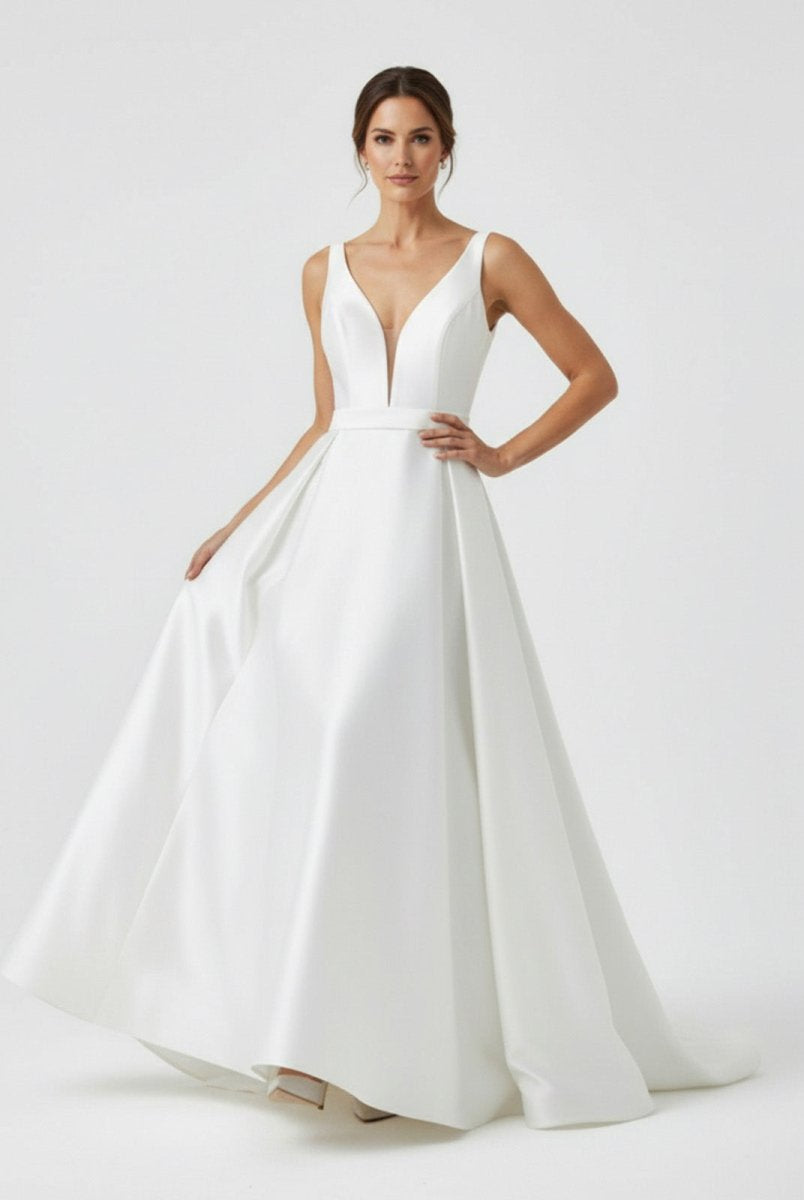 Samira | Ivory A - Line Deep V - Neck Long Wedding Dress with Bowknot - KissProm