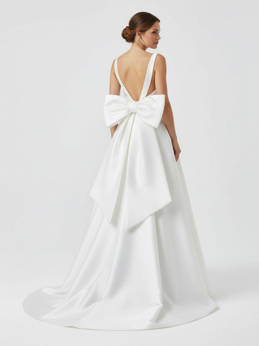 Samira | Ivory A - Line Deep V - Neck Long Wedding Dress with Bowknot - KissProm