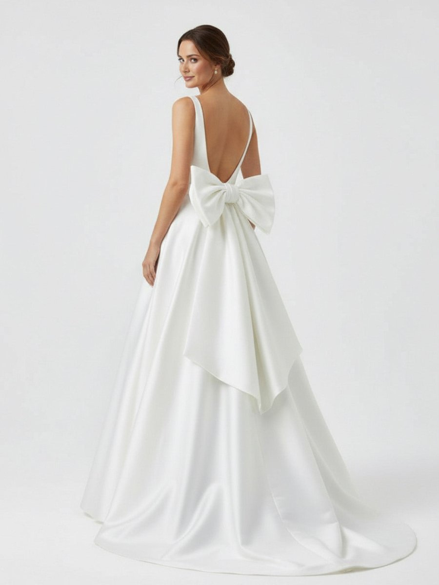 Samira | Ivory A - Line Deep V - Neck Long Wedding Dress with Bowknot - KissProm