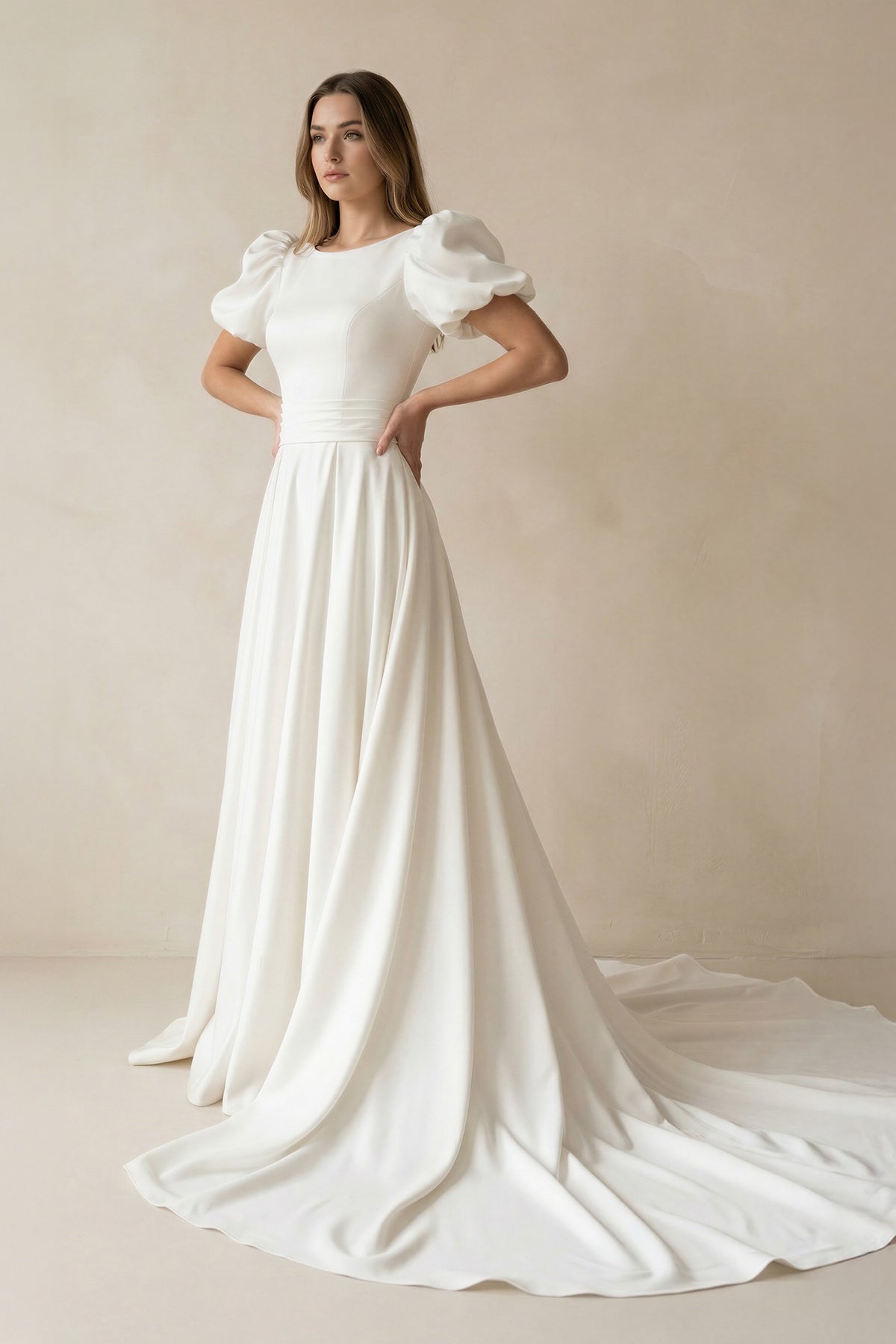 KissProm Ivory A-line Puff Sleeves Satin Sweeping Long Wedding Dress, Diamond White / 10