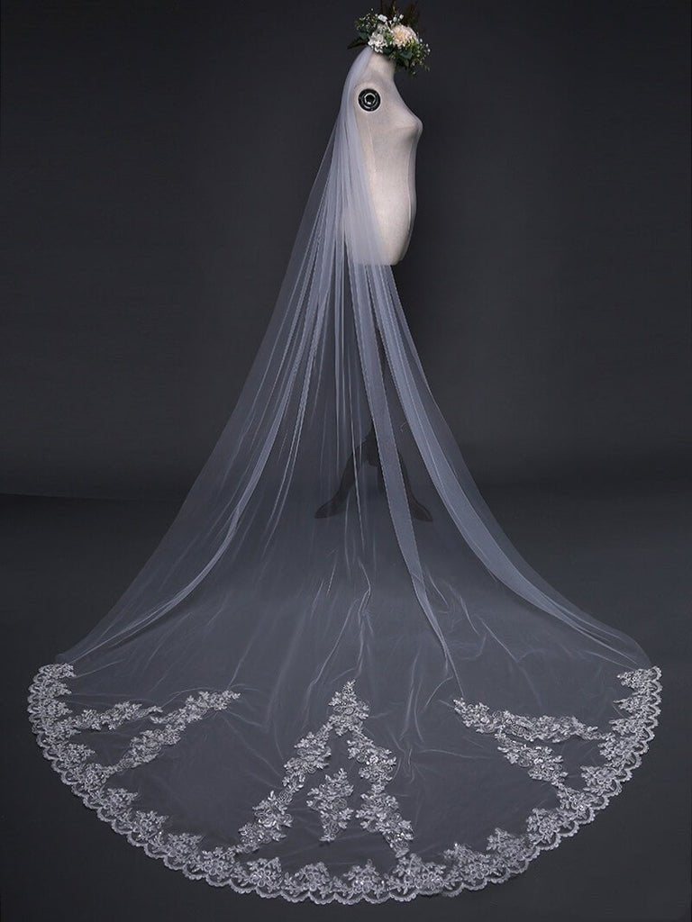 Ivory Cathedral Veils with Lace and Beaded Hemline - KissProm