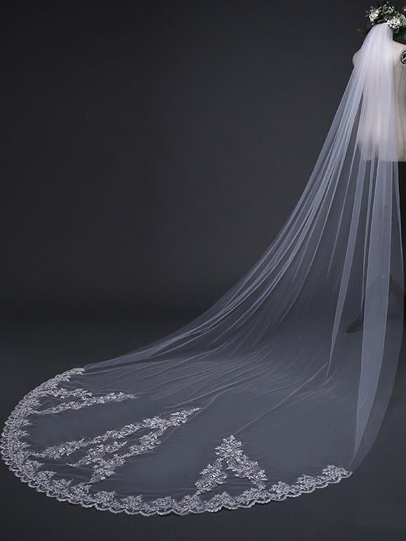 Ivory Cathedral Veils with Lace and Beaded Hemline - KissProm