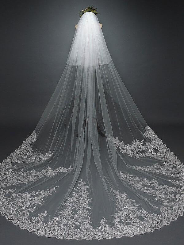 Ivory Lace Cathedral Veil with Blusher Long Wedding Veil - KissProm