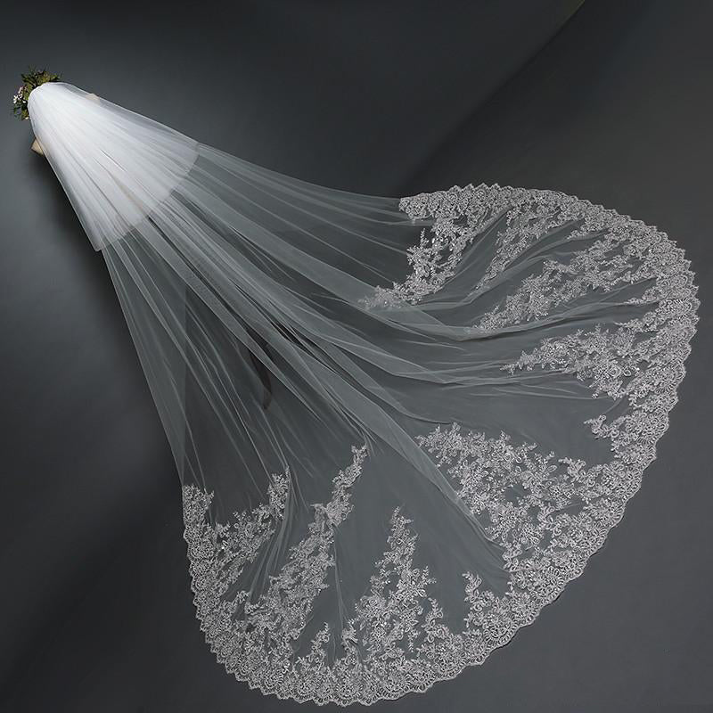Ivory Lace Cathedral Veil with Blusher Long Wedding Veil - KissProm