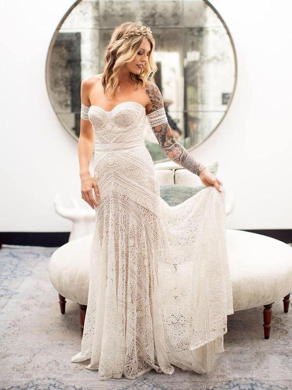 Mermaid Off-the-Shoulder Backless Ivory Lace Beach Wedding Dresses