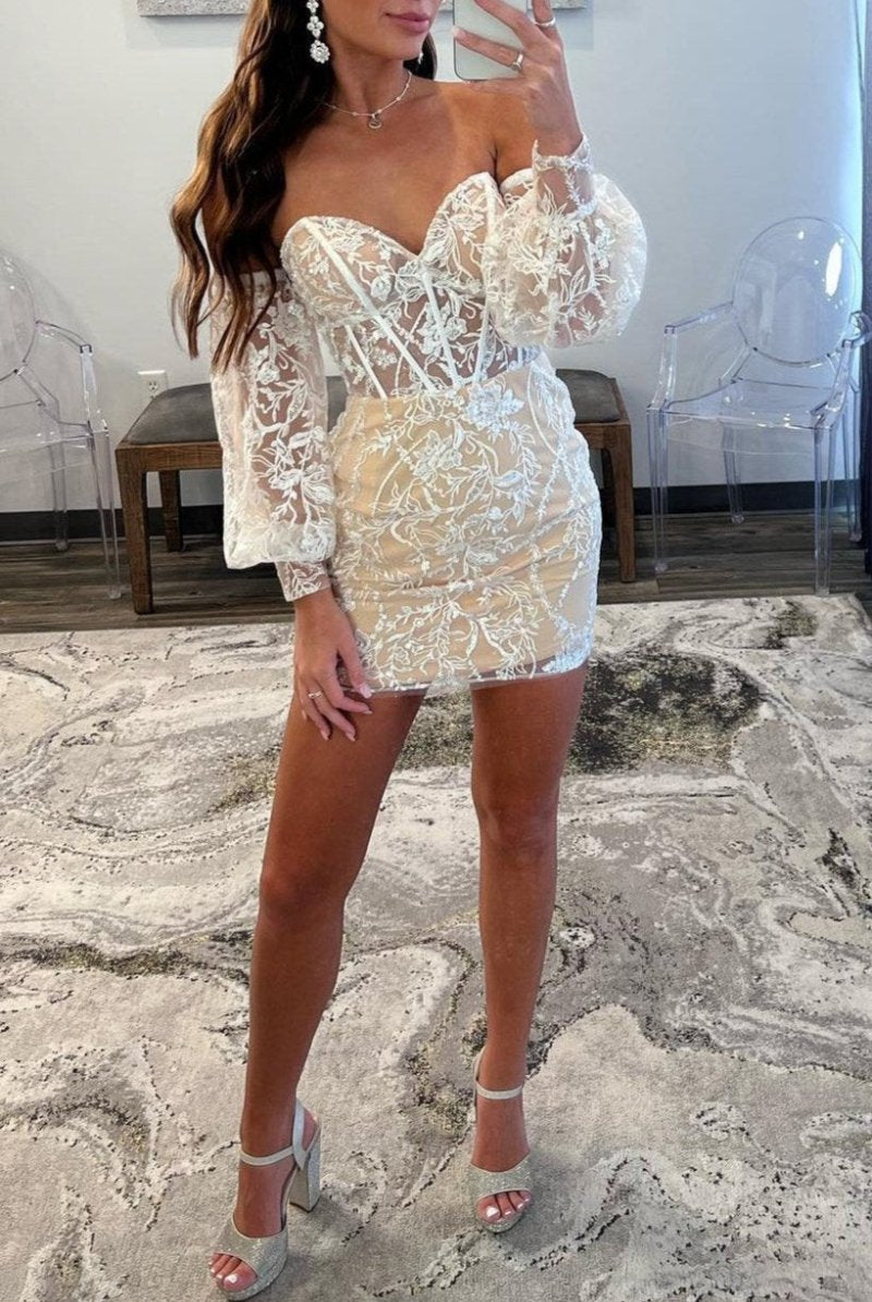 Ivory Lace Strapless Short Homecoming Dress with Detachable Sleeves