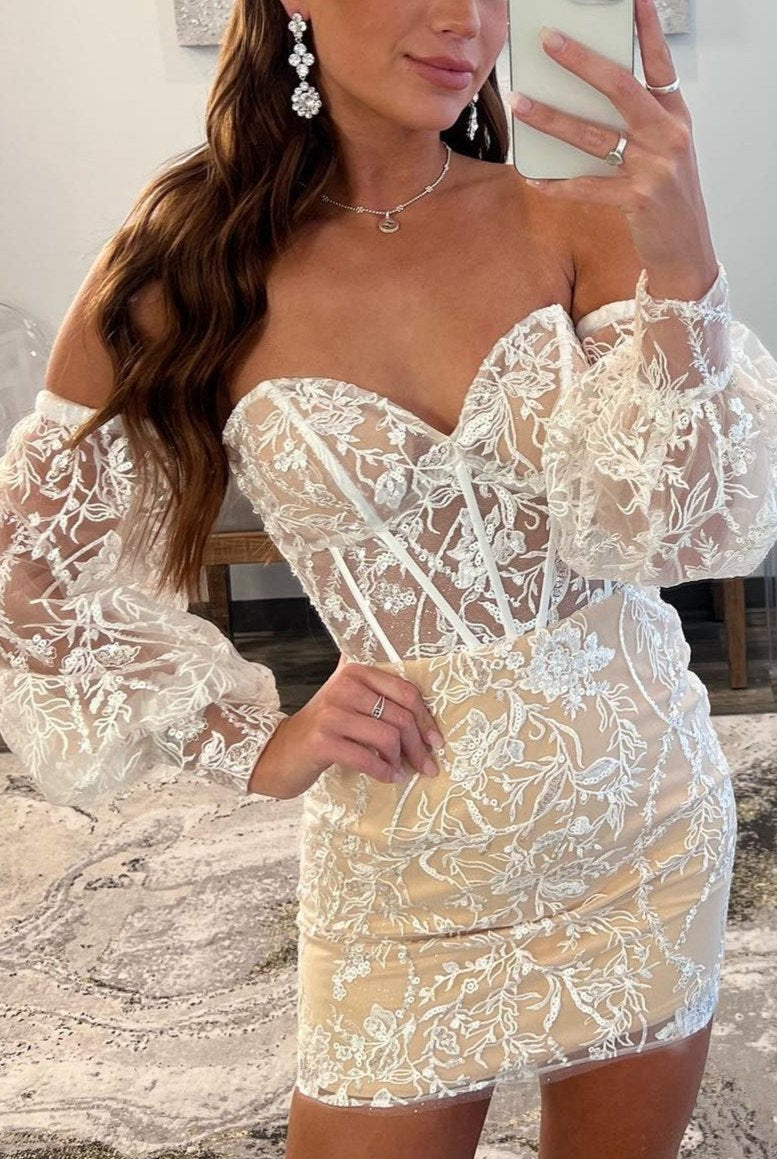 Ivory Lace Strapless Short Homecoming Dress with Detachable Sleeves