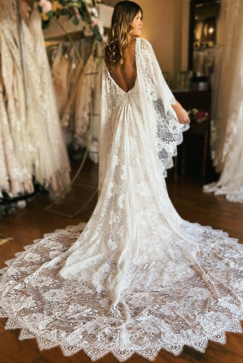 Anais | Ivory Long Sleeve Cape Lace Mermaid Wedding Dress with Appliques - KissProm