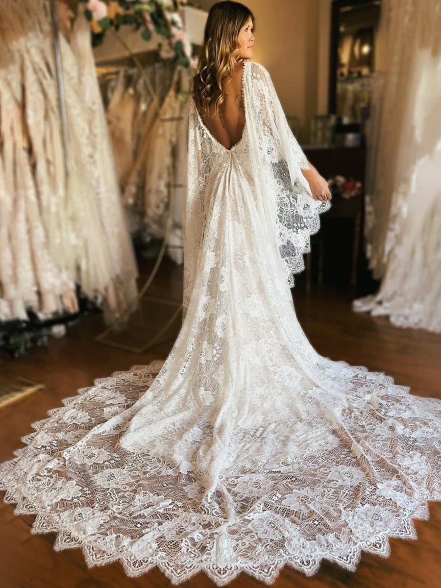 Anais | Ivory Long Sleeve Cape Lace Mermaid Wedding Dress with Appliques - KissProm