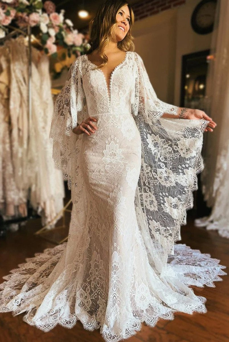 Anais | Ivory Long Sleeve Cape Lace Mermaid Wedding Dress with Appliques - KissProm