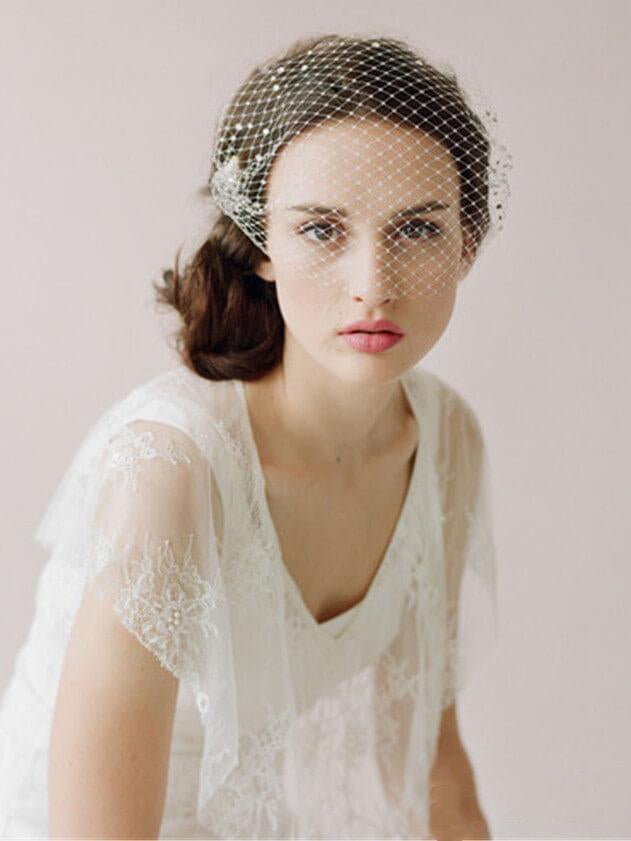 Ivory Mesh Birdcage Veils with Tiny Beads - KissProm