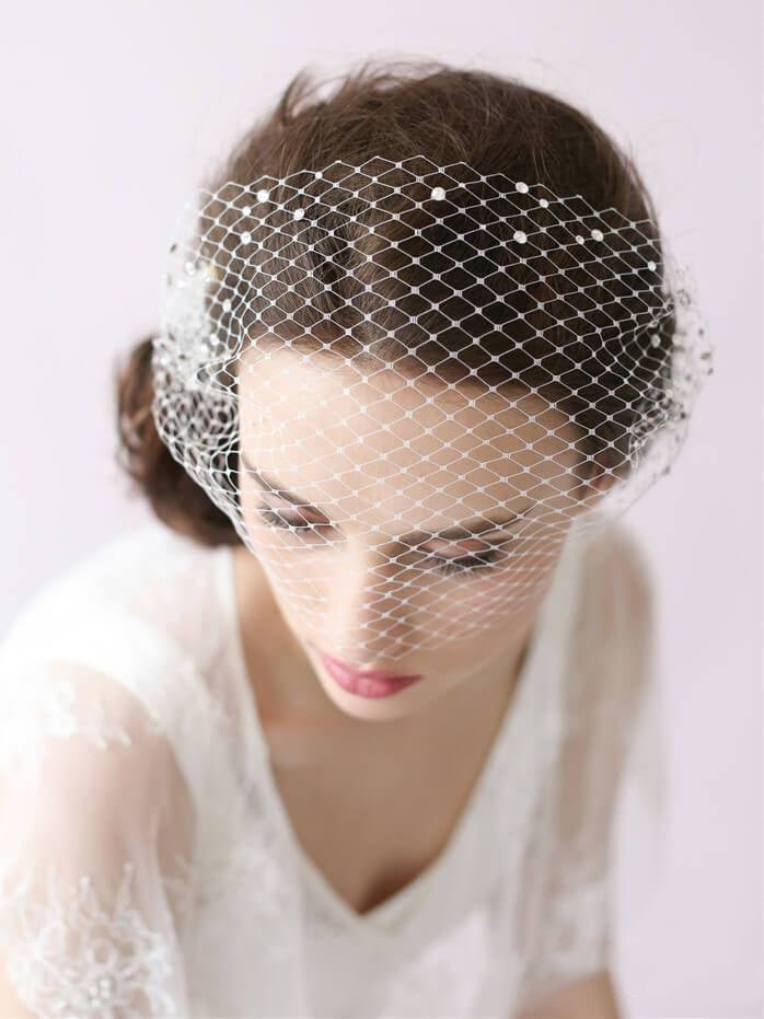 Ivory Mesh Birdcage Veils with Tiny Beads - KissProm