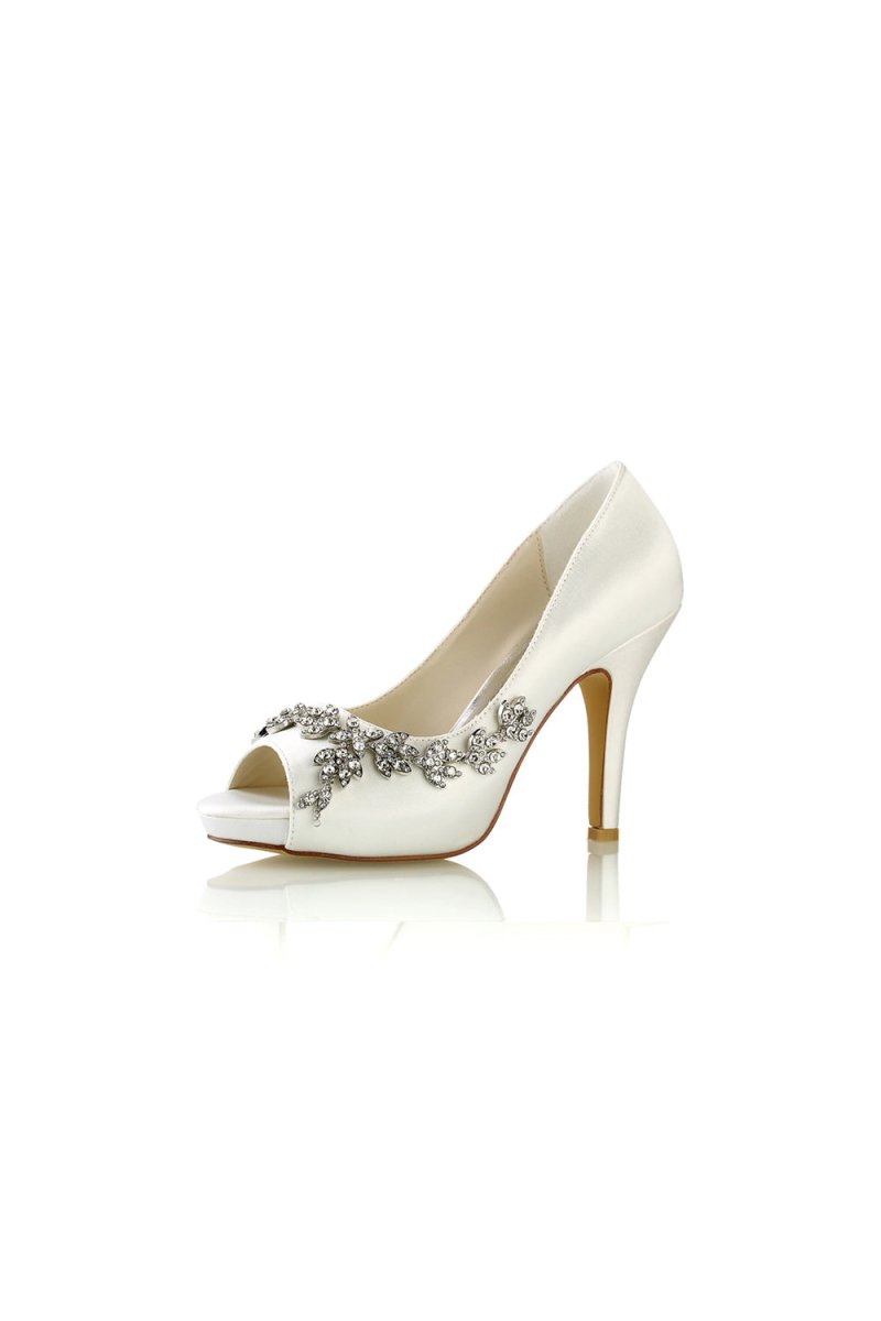 Champagne Satin Heels with Silver Metal Flower Ornament - KissProm