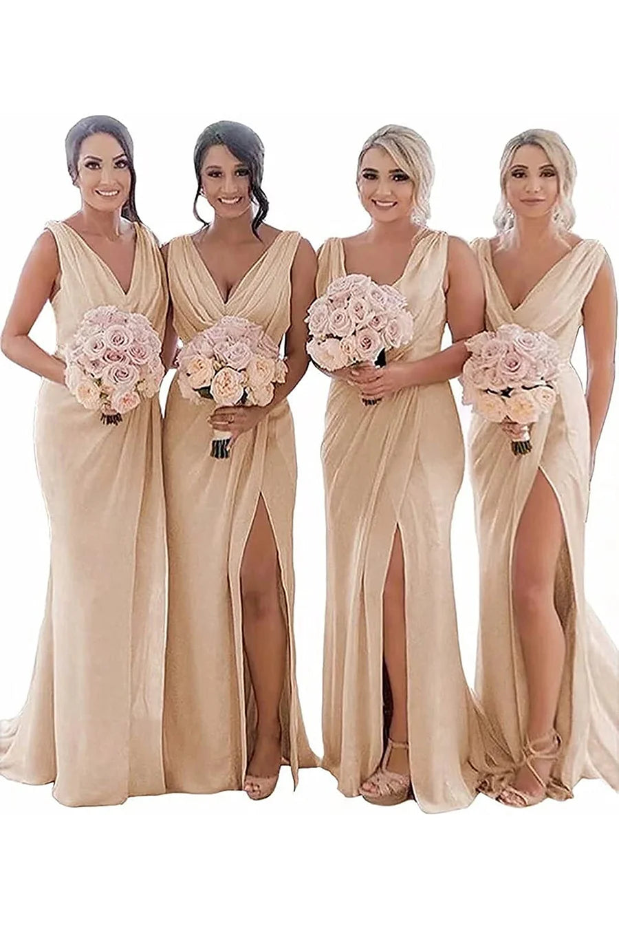 Kerli | Ivory Sheath Chiffon Ruched Long Bridesmaid Dress with Slit
