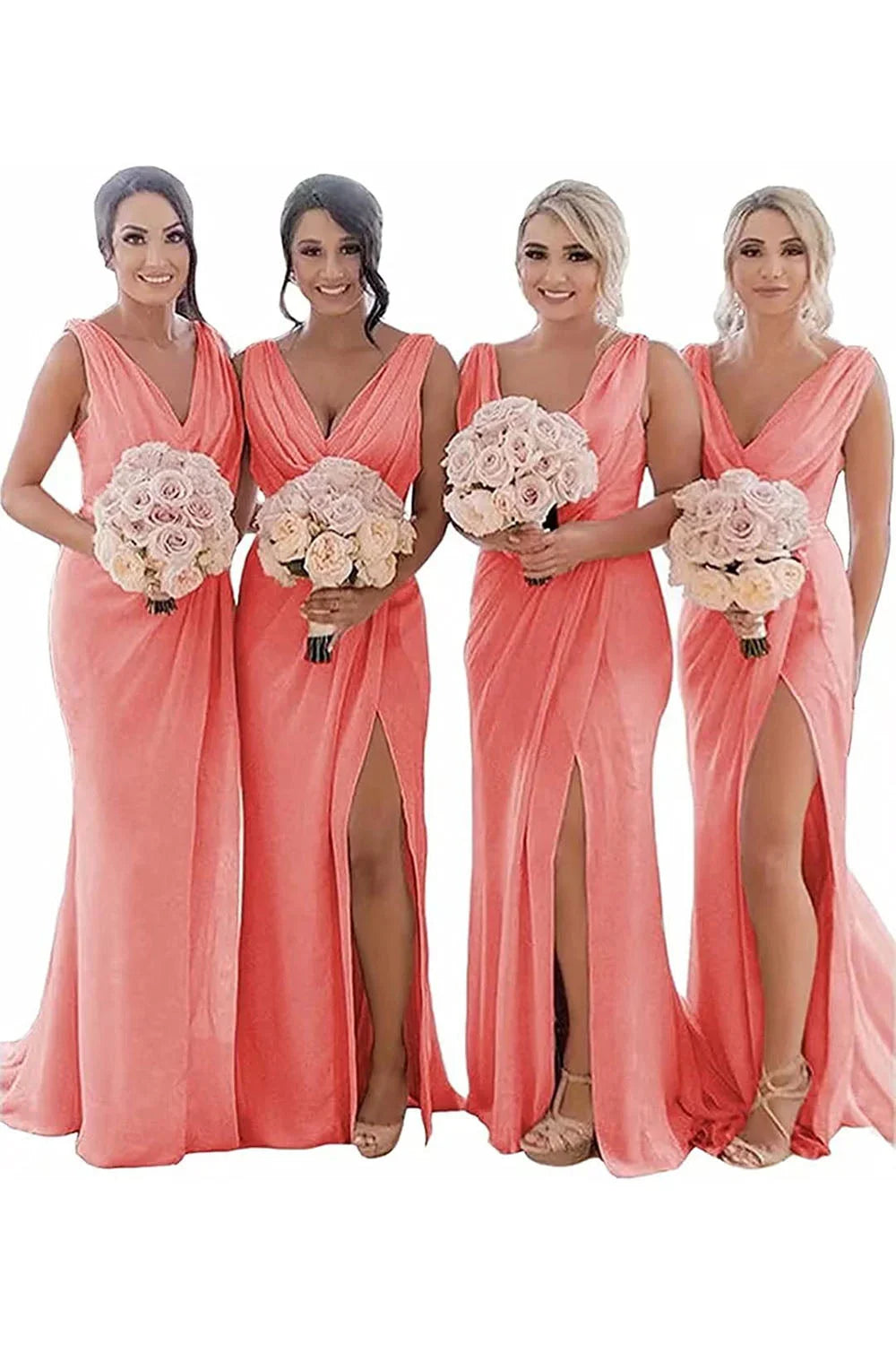 Kerli | Ivory Sheath Chiffon Ruched Long Bridesmaid Dress with Slit